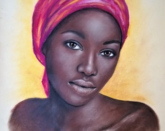Portret Afrikaanse vrouw: origineel oliepastelschilderij, sjaalkunst