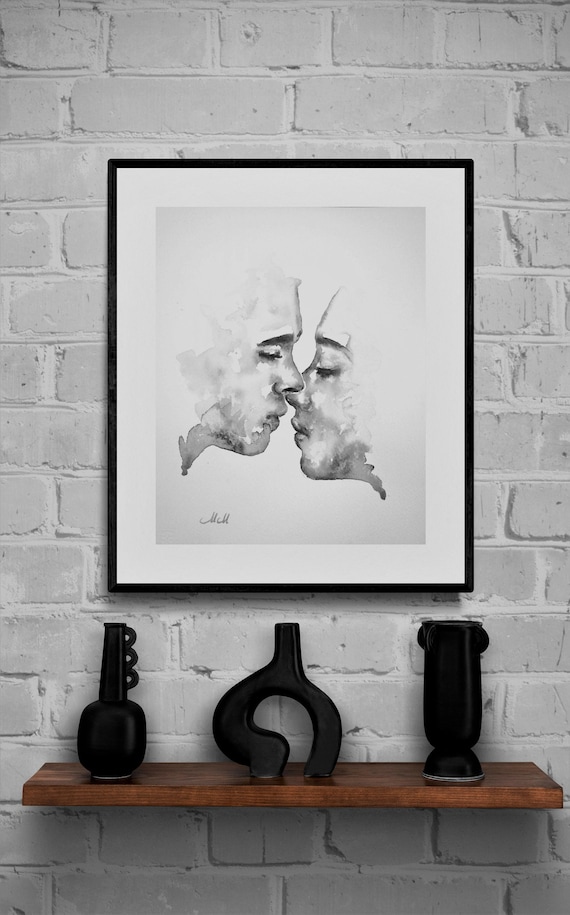 Original charcoal painting drawing love kiss framed signed realistic fine  art