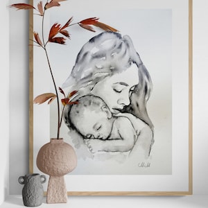 Motherhood watercolor painting - Mother with baby wall art - original aquarelle - mom and child art - maternal love - minimalistic ink art