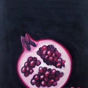 Elegant home wall art - Pomegranate art is minimalist fruit wall art made with oil pastel colors on velour paper.
