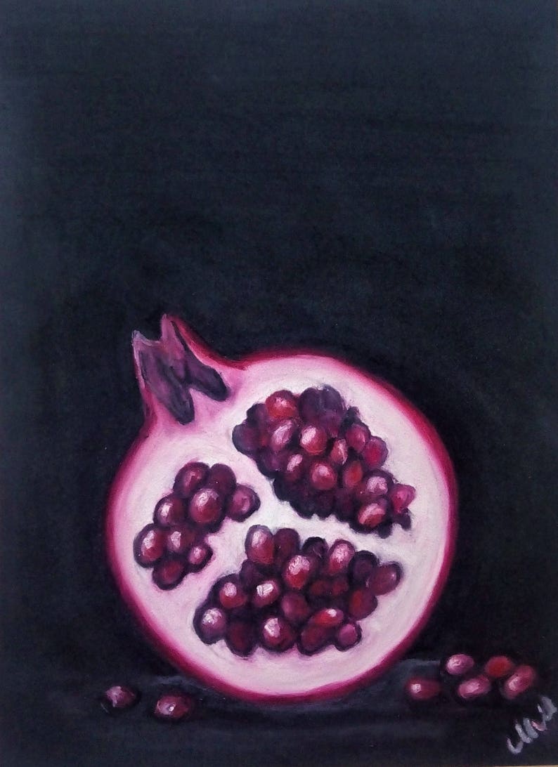 Elegant home wall art - Pomegranate art is minimalist fruit wall art made with oil pastel colors on velour paper.