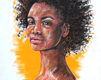 Portret Afrikaanse vrouw: origineel oliepastelschilderij, afrostijl kunst (14 x 20)