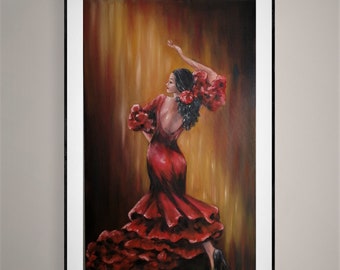 Flamenco Dancer Oil Painting: Vibrant Spanish Art, Red Dress (16" x 27.5")