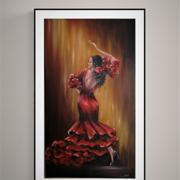 Peinture de danseur de flamenco - peinture flamenco - peinture sensuelle - art à l’huile original - danse espagnole - art flamenco - art mural sensuel