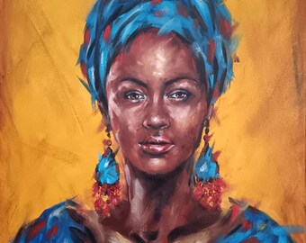 アフリカの女性の肖像画 - 大きなオリジナル油絵 - 手描きの肖像画 - 顔のアートワーク - アフロアフリカの女性像 - 黒人女王のアート