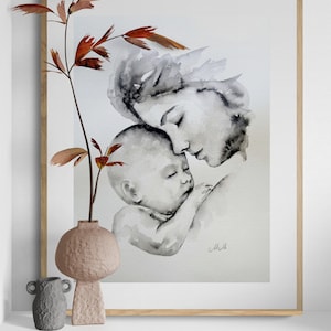 Motherhood love painting - Mother with baby wall art - family aquarelle - mom and child art - maternal love - minimalistic black ink art