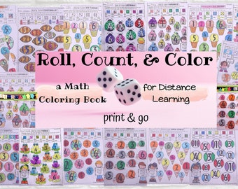 Count and Color Math Workbook, Coloring Book Activity for Distance Learning  from Home, Printable Worksheets Candy, Sports and Animals Theme