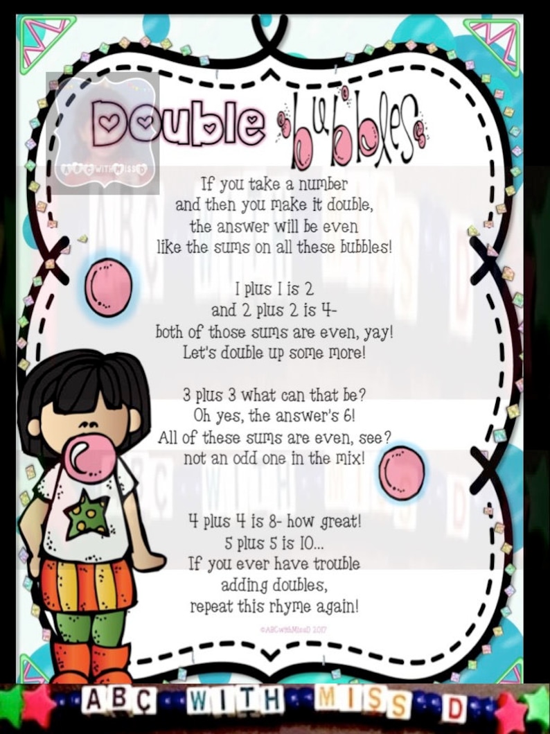 Addition Doubles posters Math Poem Worksheet And Flashcards Etsy