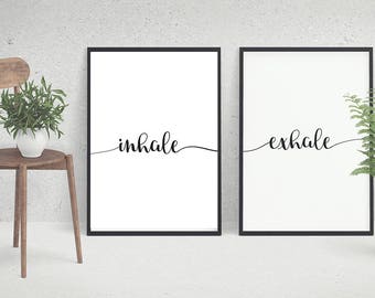 Inhale Exhale print, 3 designs for 1, minimalist, script, and color block, instant download, yoga, pilates, black and white, poster