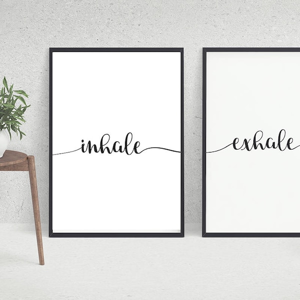 Inhale Exhale print, 3 designs for 1, minimalist, script, and color block, instant download, yoga, pilates, black and white, poster