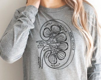 Kidney Anatomy Long Sleeve Shirt, Vintage Kidney Anatomy Long Sleeve, Urologist Gift, Chronic Kidney Disease, Medical Shirt, Kidney T-Shirt