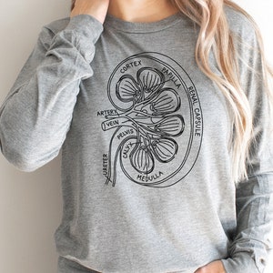 Camisa de manga larga de anatomía renal, manga larga de anatomía renal vintage, regalo de urólogo, enfermedad renal crónica, camisa médica, camiseta renal