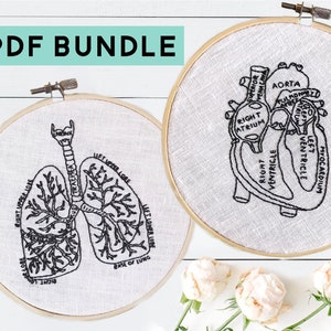 DIY Lungs and Heart Embroidery Bundle, Anatomy Sewing Pattern, Lungs Embroidery PDF Pattern, Anatomical Heart, Instant Digital Download