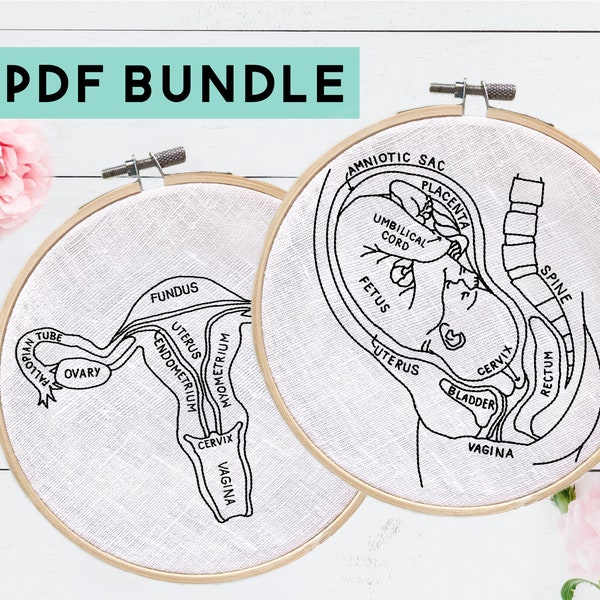 DIY Pregnancy & Uterus Anatomy Embroidery Bundle, DIY Midwife Gift, Pregnancy Embroidery Pattern, Anatomical Uterus, Digital Download
