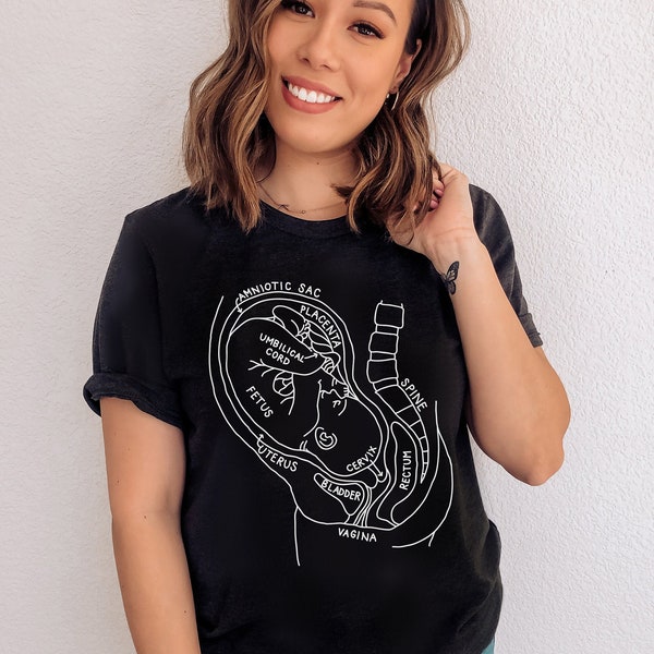 May include: A black t-shirt with a white outline of a pregnant woman's anatomy, including the fetus, uterus, cervix, vagina, bladder, rectum, spine, amniotic sac, placenta, and umbilical cord.