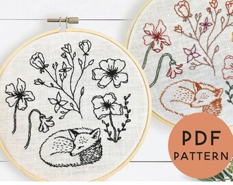 Sleeping Fox Embroidery Pattern, Cute Fox Embroidery, Botanical Sewing Pattern, DIY Digital Download, Autumn Embroidery, Fall Embroidery