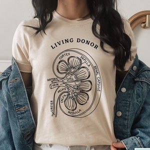May include: A beige t-shirt with a black outline of a kidney and the words "Living Donor" printed on the front. The kidney is labeled with anatomical terms such as "cortex", "medulla", "papilla", "renal capsule", "artery", "vein", "pelvis", "calyx", and "ureter".
