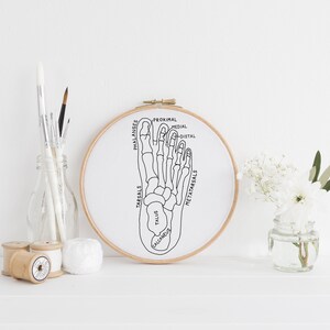 May include: A black and white line drawing of the bones in a human foot, labeled with anatomical terms, is displayed in a wooden embroidery hoop. The hoop is on a white surface with a vase of white flowers and a jar of paintbrushes.