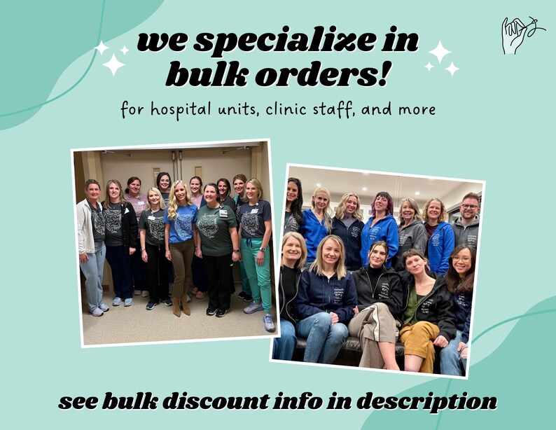 May include: A group of people wearing blue, black, and grey shirts stand in two groups. The text "we specialize in bulk orders! for hospital units, clinic staff, and more" is at the top of the image. The text "see bulk discount info in description" is at the bottom of the image.