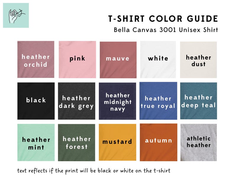 May include: T-shirt color guide for Bella Canvas 3001 Unisex Shirt.  The guide shows 15 different color options for the shirt, including heather orchid, pink, mauve, white, heather dust, black, heather dark grey, heather midnight navy, heather true royal, heather deep teal, heather mint, heather forest, mustard, autumn, and athletic heather.  The text "text reflects if the print will be black or white on the t-shirt" is at the bottom of the image.
