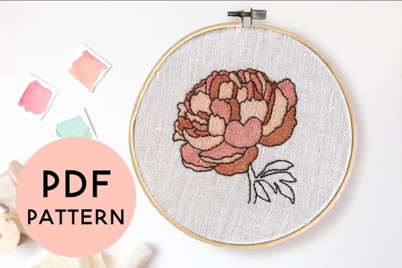 Peony Embroidery Pattern, DIY Flower Embroidery, Floral Embroidery Pattern, Peonies Gift, Modern Hand Embroidery, Instant Digital Download
