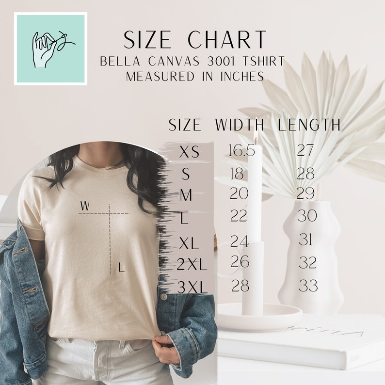 May include: Size chart for Bella Canvas 3001 t-shirt, measured in inches. The chart shows the width and length of the shirt in inches for sizes XS to 3XL.