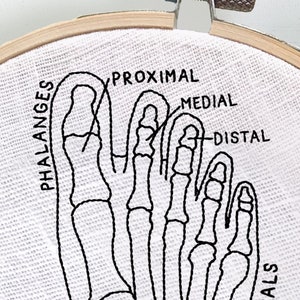May include: A close-up of a white fabric with a black embroidered image of a foot skeleton. The bones are labeled "Phalanges", "Proximal", "Medial", and "Distal".