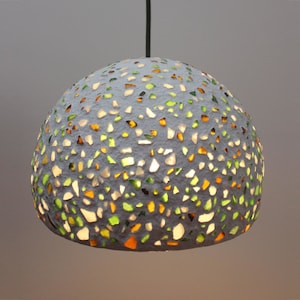 Paper mache pendant light with sea glass - recycled white paper - genuine sea glass - recycled glass - handmade - 30 cm/12 inches diameter