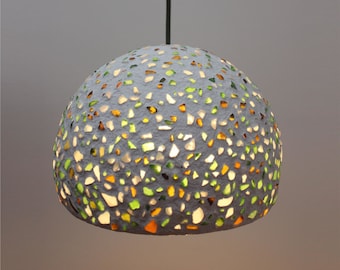Paper mache pendant light with sea glass - recycled white paper - genuine sea glass - recycled glass - handmade - 30 cm/12 inches diameter