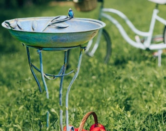 Iron Birdbath with 2 Birds in Frosted Blue Finish