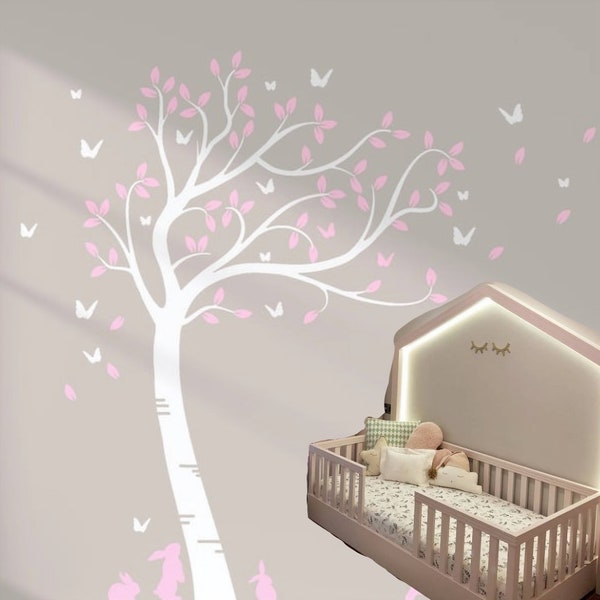 Large Full Size Customisable Beautiful Bunny Rabbits and Butterflies Tree. Nursery Room Wall Art Decal Sticker.