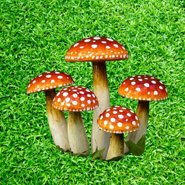 Wooden Fairy Garden Mushroom Set, Red with White Polka Dots, Outdoor Art