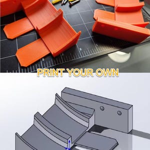 May include: A 3D printed orange plastic Hot Wheels car ramp with three lanes. The ramp is designed to be used with Hot Wheels cars. The image also shows a 3D model of the ramp.