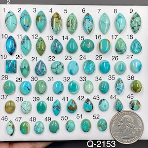 Puede incluir: Una colección de cincuenta y dos piedras preciosas de turquesa pulidas en diversas formas y tonos de azul y verde, dispuestas en una cuadrícula sobre una superficie blanca. Una moneda de quarter estadounidense sirve de escala y el texto Q-2153 es visible.