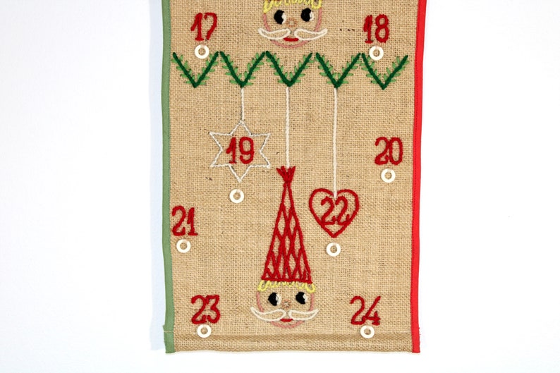 Danish vintage embroidered Christmas advent calendar Wall hanging Made in Denmark 1970. image 4