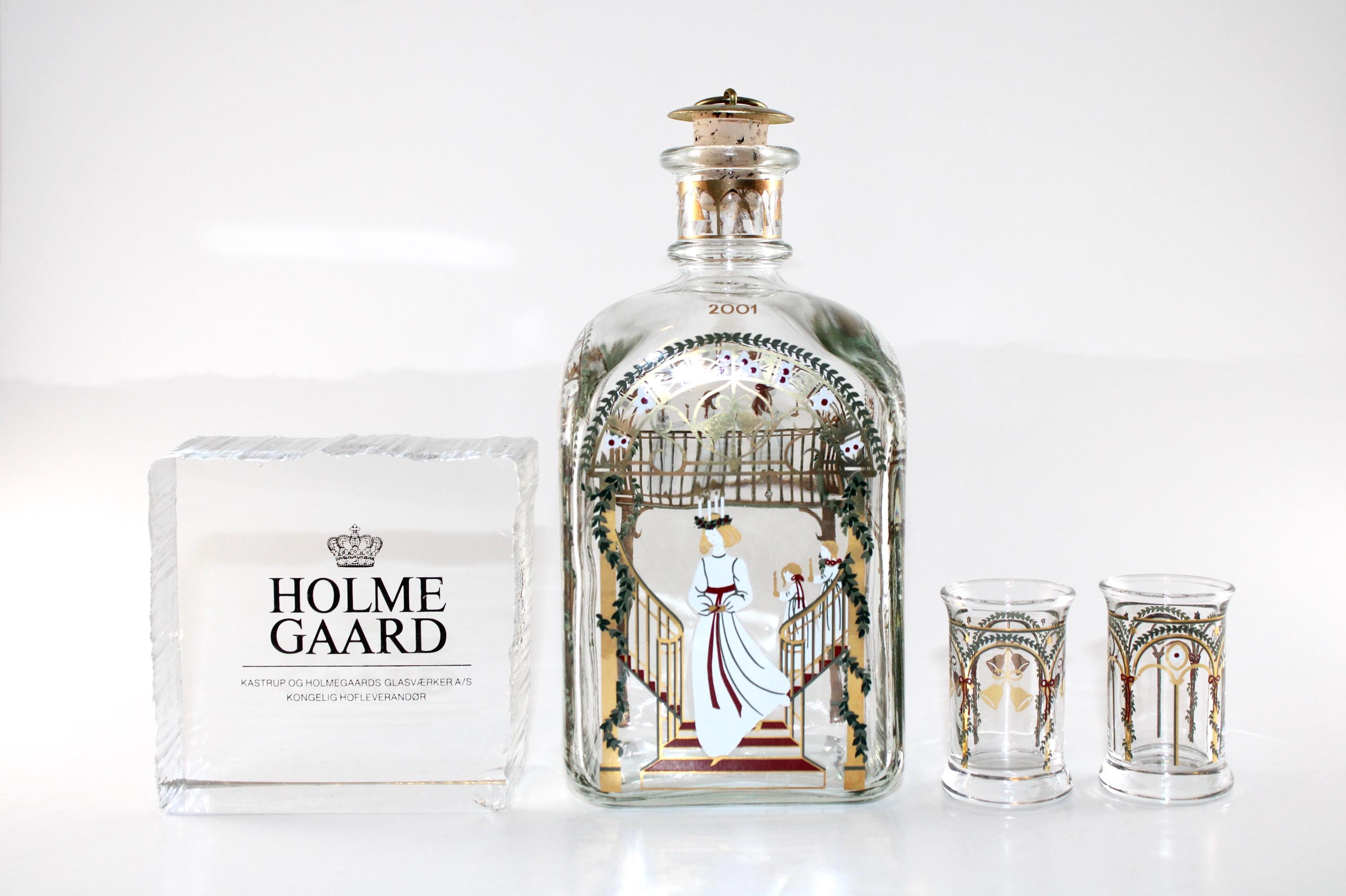 Holmegaard - Lovely Vintage Glass Christmas Bottle and 2 Aquavit