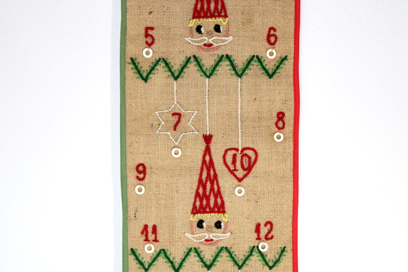 Danish vintage embroidered Christmas advent calendar Wall hanging Made in Denmark 1970. image 2