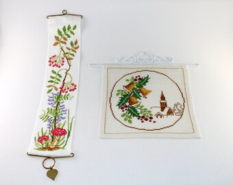 2 Danish lovely embroidered vintage Christmas wall hanging  - Made in Denmark 1970.