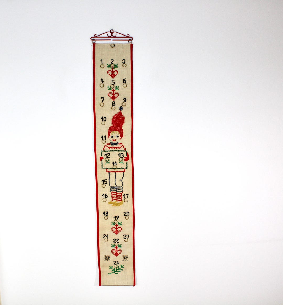 Danish Vintage Embroidered Christmas Long Advent Calendar Wall Hanging Danish Vintage Embroidered Christmas Long Advent Calendar Wall Hanging