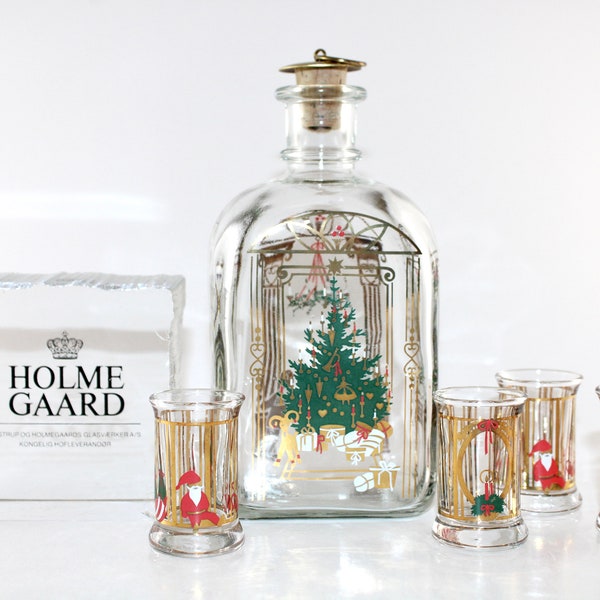 Holmegaard - Lovely glass Christmas bottle and 4 aquavit glasses - Made in Denmark 1991.