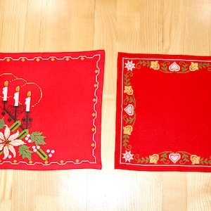 2 Vintage embroidered square tablecloths with lovely Christmas decor - Made in Denmark 1960.