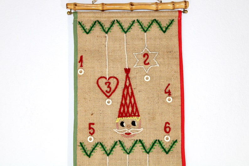 Danish vintage embroidered Christmas advent calendar Wall hanging Made in Denmark 1970. image 3