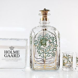 Vintage Holmegaard Christmas Liquor Bottle & Aquavit Glasses - Danish Mistletoe Design