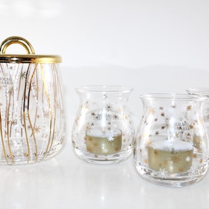 Holmegaard - 2 Beautiful vintage glass jar and 3 candleholders with gold pattern  - Made in Denmark 1990.