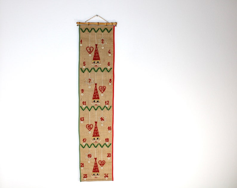 Danish vintage embroidered Christmas advent calendar Wall hanging Made in Denmark 1970. image 1