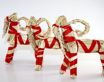 3 Danish vintage christmas straw decoration goat with red ribbon - Made in Denmark 1950.