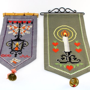 2 Danish beautiful vintage Christmas embroidered wall hanging - Made in Denmark 1960.