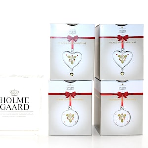 Holmegaard  - 4 lovely glass Christmas ornaments - IN ORIGINAL BOX  -  Designed in Denmark.