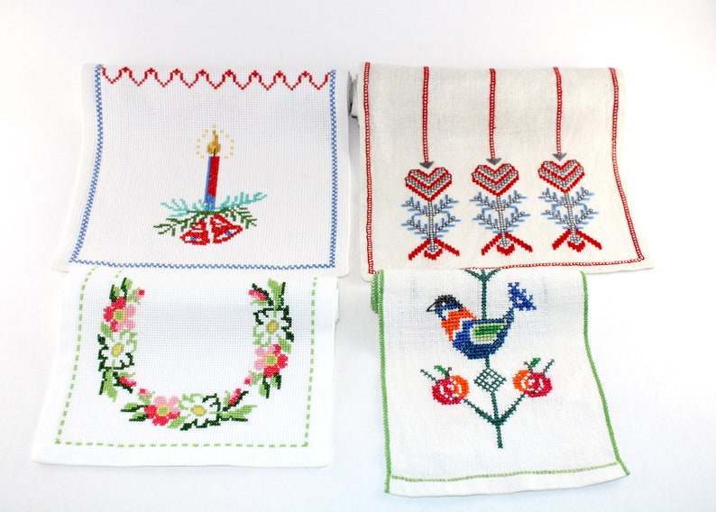 4 Lovely Swedish Vintage Christmas Embroidered Table Runners Made in