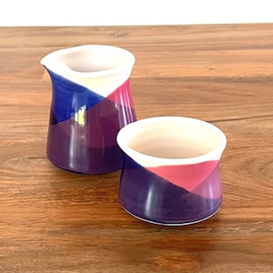 Studio Pottery Small Modern Creamer and Sugar Bowl in Blue, Purple and Pink